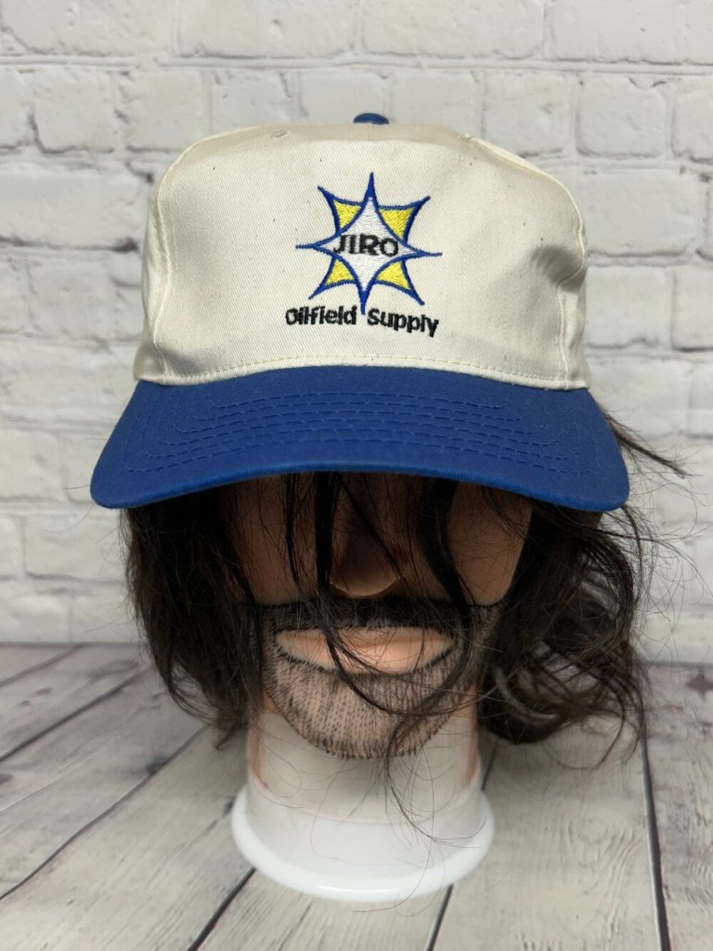 Vintage Jiro Oilfield Supply 90s Hat Cap Snapback Cream Blue Embroidered Cotton